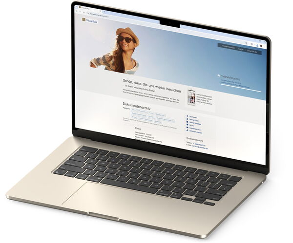 Geöffnetes Notebook mit dem Anmeldefenster für "MeineVicuritas" schräg nach rechts gestellt